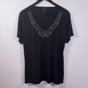Susan Lawrence Women’s Black Short Sleeve Tee 1X Beaded Neckline Boho Feminine